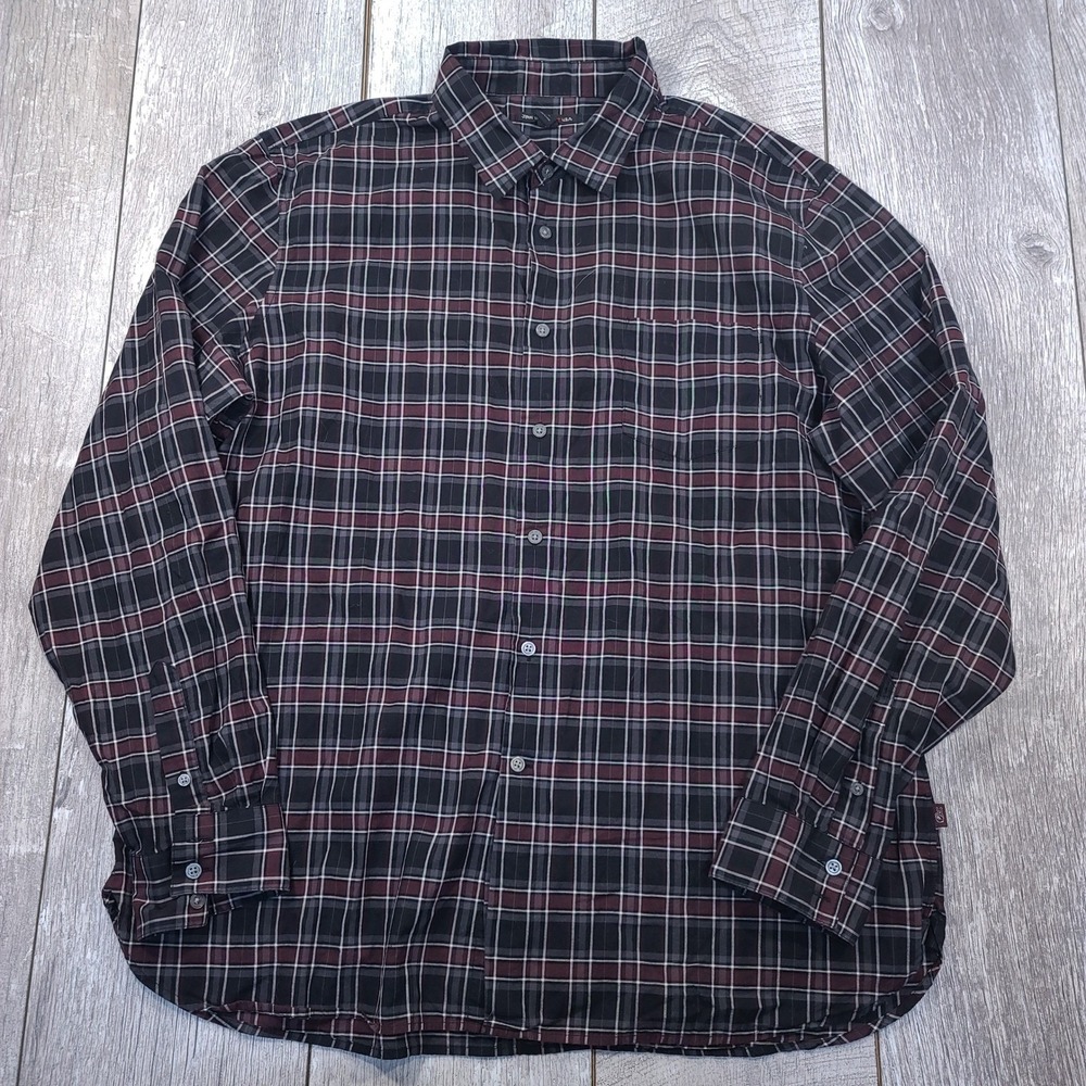John Varvatos Button Up Mens Size XXL Black Burgundy Plaid Long Sleeve Shirt